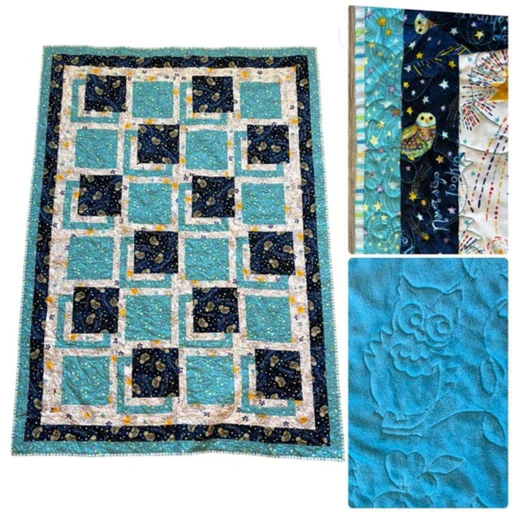 Handmade Whimsical Owl Quilt With Soft Fleece Underside. NEW.